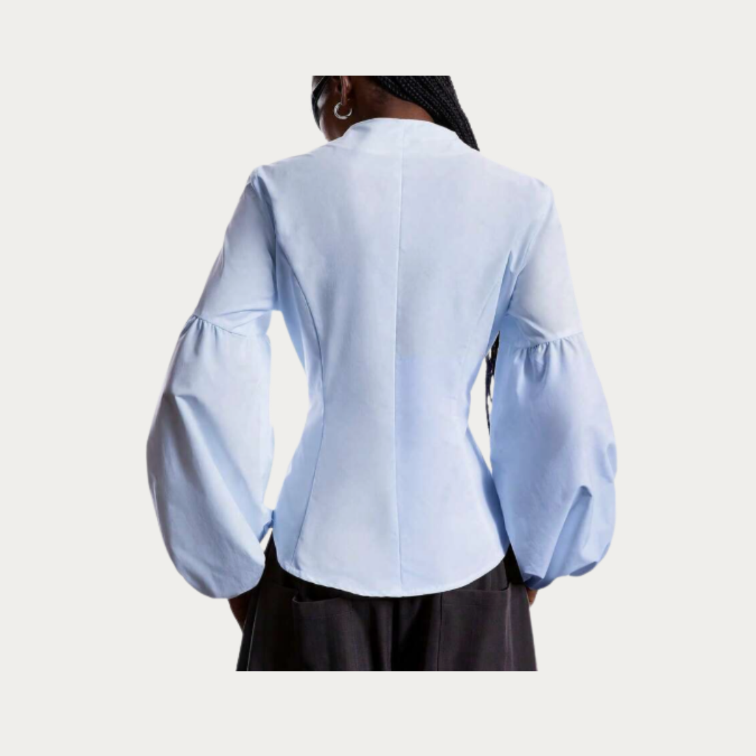 Ruffled-Collar Cotton Shirt with Shoulder Pads