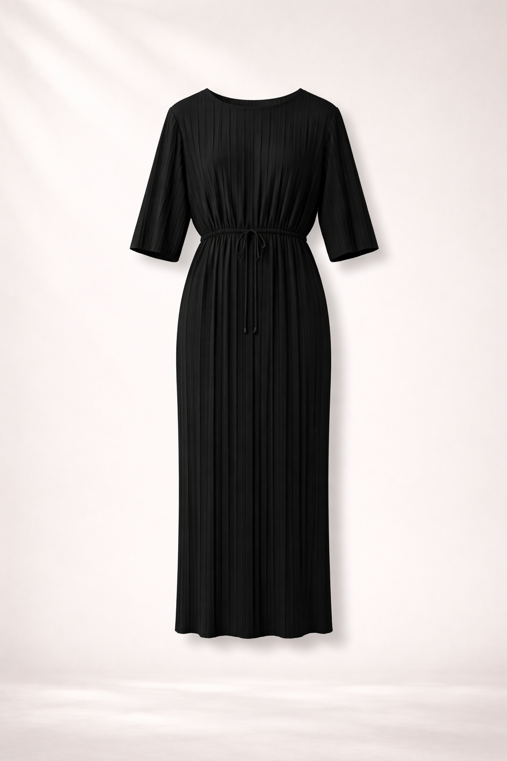 The Noir Kinetic: Plissé Maxi Dress with Adjustable Coulisse