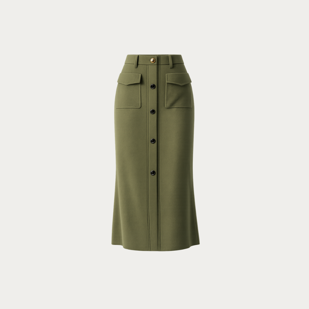 The Esme Ribbed Knit Pencil Skirt in Earthy Olive