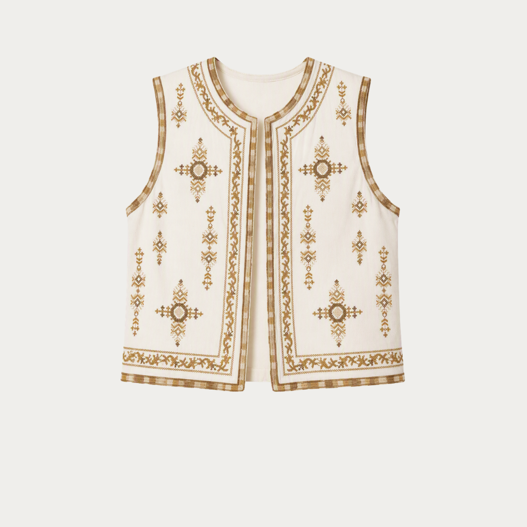 Embroidered Linen Vest with Native-Inspired Pattern